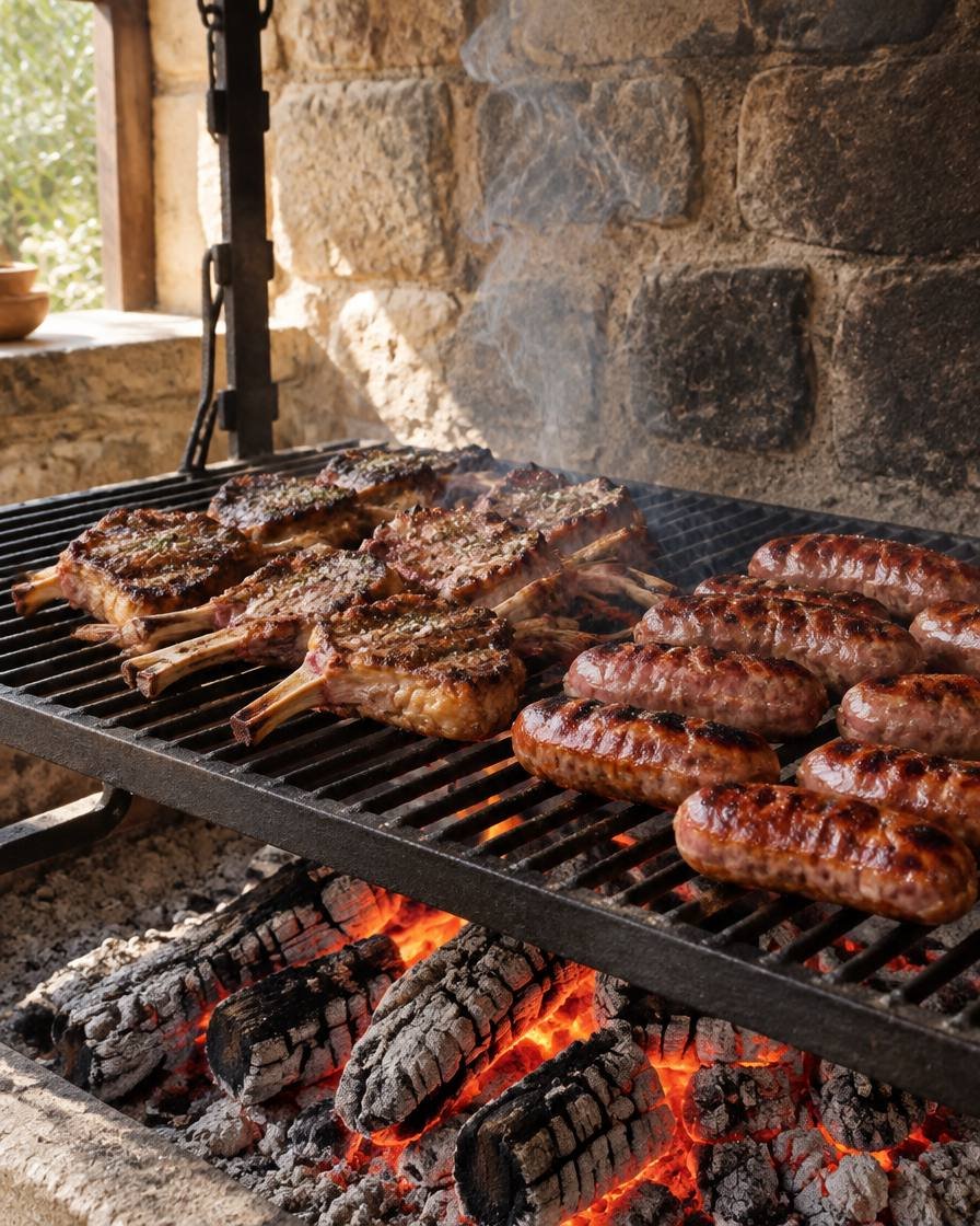 Brasa de leña de encina con parrilla y carne en Masia Can Bosc