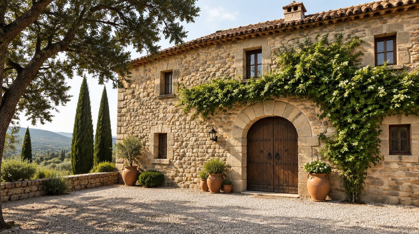 Fachada de piedra de Masia Can Bosc con puerta de arco