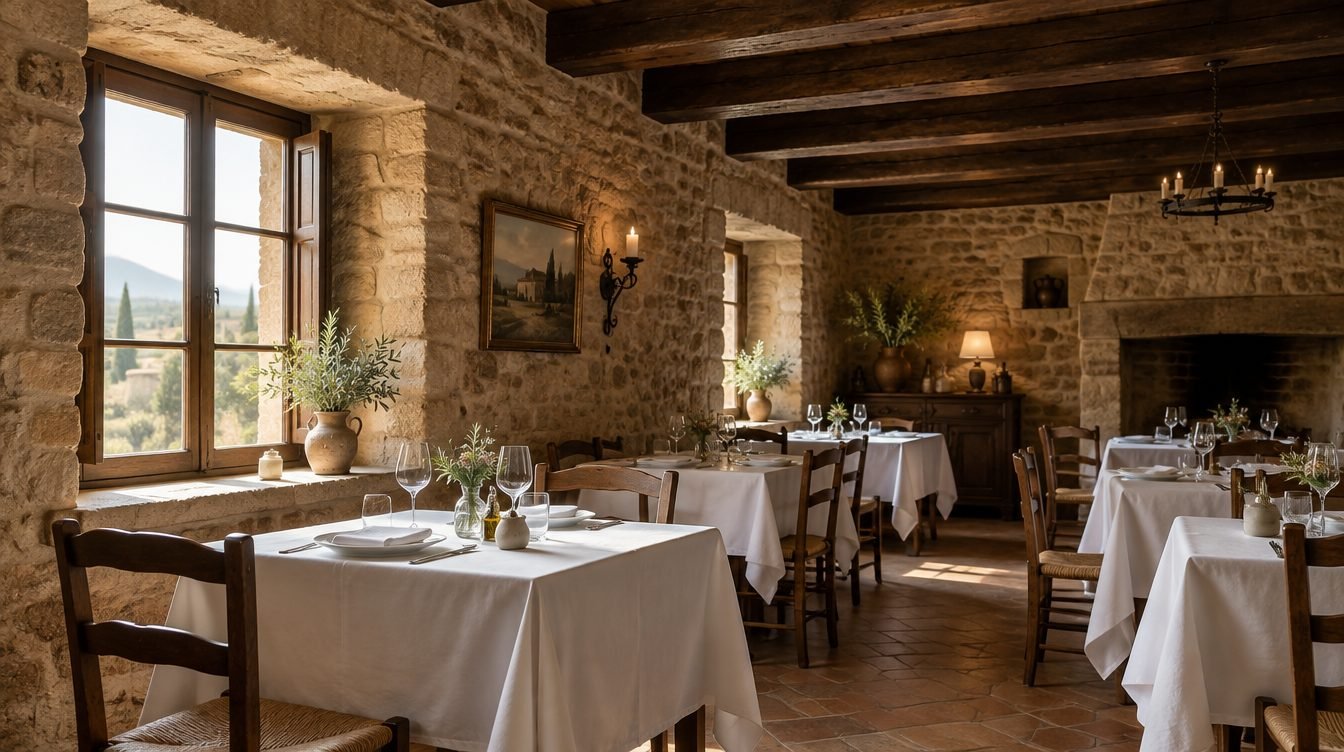 Sala de piedra con vigas de madera y mesas con mantel blanco en Masia Can Bosc