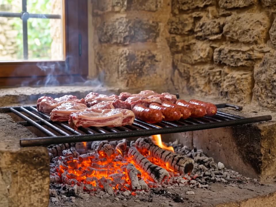 Brasa de encina con costillas y butifarra en la parrilla de Masia Can Bosc